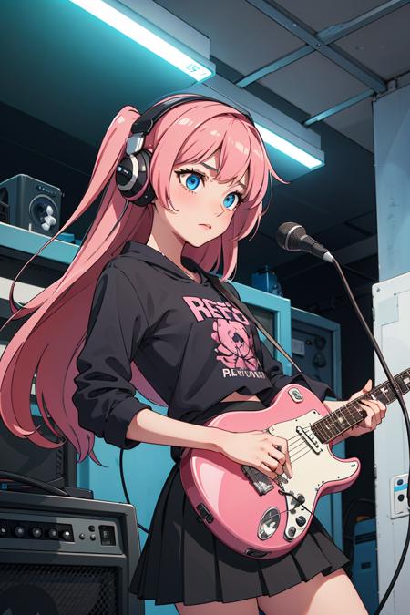 (masterpiece),( best quality), detailed background, cinematic lighting, outdoor, 1girl, solo, black skirt, blue eyes, electric guitar, guitar, headphones, holding, holding plectrum, instrument, long hair, , music, one side up, pink hair, playing guiter, pleated skirt, black shirt, indoors