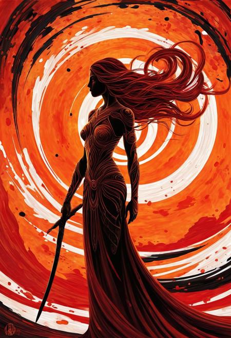 DB4RZ style painting,, This is a digital illustration in a dynamic, semi-realistic style with heavy emphasis on dramatic, almost surreal elements. The artwork features a lone figure standing in a stylized, swirling vortex of dark, reddish-brown hues. The figure is a woman with long, flowing hair, dressed in dark, loose clothing, reminiscent of ancient warrior attire. She holds a long spear, its tip pointing upwards, suggesting readiness or determination. The focal point is her eye, which is the dominant feature in the center of the image. The eye is a striking, glowing orange, almost a solid circle, with intricate, swirling patterns around it, adding to the sense of intensity and focus. The background and surrounding area are filled with chaotic, abstract brush strokes and splatters in shades of red, black, and white, creating a sense of motion and chaos. The woman stands in a stylized, almost ethereal landscape, with the eye appearing to be the epicenter of the vortex, drawing the viewer's attention. The overall color palette is dominated by warm tones, with the intense reds and oranges contrasting starkly with the dark browns and blacks, giving the image a dramatic, almost apocalyptic feel.