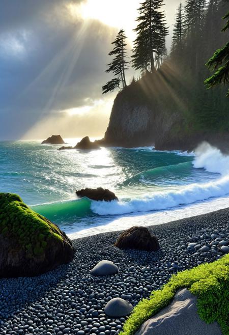 a photograph of a beach on the Pacific northwest coast, rocky pebble beach, a large looming evergreen cedar Forrest looming, the ocean is vibrant and crashing, deep vivid blues and greens, the sky is grey and clouds are heavy the sun is radiating however cutting through a break in the thick looming storm clouds, epic, realism, photo-realism, highest quailty, highest detail, professional, landscape, nature