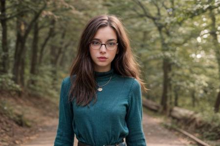 35mm film, one pretty european girl, solo, supermodel, long light brown hair, long wavy hair, pale skin, perfect face, small nose, blue eyes, lips, big tits, nice breasts, necklace, glasses, jewelry, blue lace dress, belt, red stockings, white elegant shoes, looking at viewer, looking directly at viewer, a breathtaking forest view, offering panoramic views of majestic and sweeping trees, nature light, full body, epiCPhoto, <lora:pytorch_lora_weights:0.5>, <lora:picxer_real:0.7>, <lora:FilmVelvia3:0.3>, <lora:more_details:0.6>