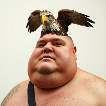 An obese man with fake tan who has a floppy eagle instead of hair