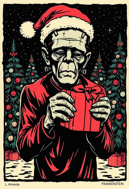 Woodblock print of Frankenstein's monster wearing a Santa hat and holding a Christmas present in front of decorated Christmas trees. Looking at viewer. woodcut. linocut