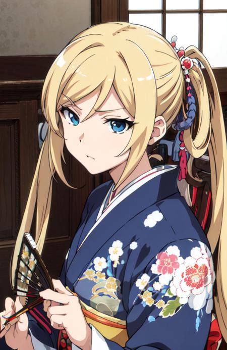 shindou_erina_mother, blue eyes, blonde hair, hair stick, twintails, very long hair, kimono, hair ornament, japanese clothes folding large fan,holding fan