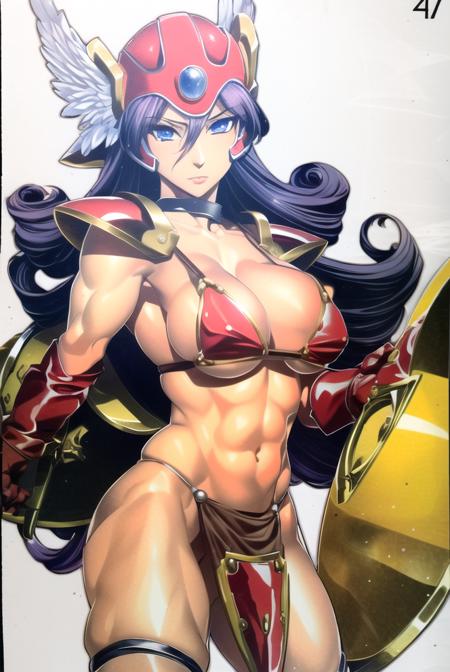 (masterpiece, best quality:1.2), soldier \(dq3\), 1girl, bikini armor, long hair, curly hair, purple hair, blue eyes, large breasts, gloves, loincloth, winged helmet, red armor, holding sword and shield, <lora:DQ3SoldierV2-000005:0.8>