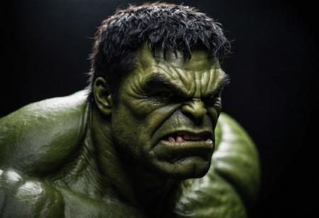 cinematic photo (hulk), . 35mm photograph, film, bokeh, professional, 4k, highly detailed, realistic, detailed, photo realistic, sharp focus, 8k, Close-up, grim smile, relaxed pose, portrait movie shot, serious, menacing, chiaroscuro style photo, dark background, minimalism, dramatic lighting, professional quality, dull highlights and shadows, natural and  original,