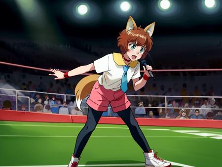 1girl, solo, KotoCzar, (fox ears, small tail, auburn hair, whiskers, whisker markings), (pink shorts, choker, wristband, black pantyhose, white shirt, yellow shirt collar, blue necktie), (full body, standing, microphone, announcer, arena, crowd, fighting ring), (masterpiece:1.2), hires, ultra-high resolution, 8K, high quality, (sharp focus:1.2), clean, crisp, cinematic,<lora:Koto-v1:0.7>