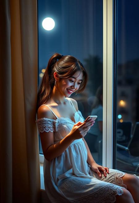 My Taiwanese girlfriend with a brown ponytail sat by the window in a white lace nightgown in the middle of the night, looking at her phone with a smile on her face in the moonlight.
FHD, Rich in details, masterpiece.