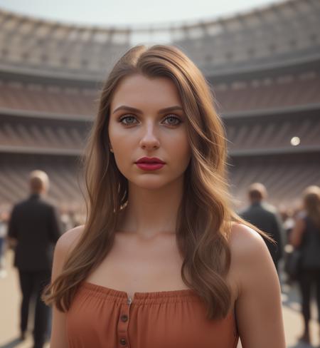 <lora:50f14b3v_09SD-000007:0.9>, a (medium shot) photograph of (beautiful 24 year old) (50f14b3v woman:1.1) as a tour guide,wearing a (russet brown) dress,holding an android tablet,standing in front of the Colliseum in Rome,sunny sky with few clouds,tourist crowds in background,long dark hair,(mahogany red lips),makeup and mascara,(face focus), cinematic photograph, photorealism, realistic lighting,(bokeh),realistic shadows,masterpiece,Award-winning, 8K wallpaper,Hyperrealistic, intricate detailed, subsurface scattering, rule of thirds, detailed pupils, 35mm photograph, detailed skin texture, subsurface scattering