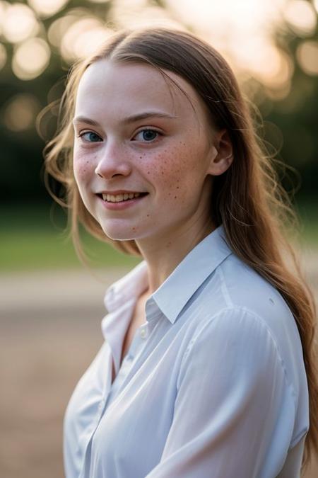 greta thunberg, woman, noble facial features with freckled complexion, cat-like orange eyes with expressive eyebrows, a regal nose and soft cheekbones, open lips and strong jawline, with pupils and joyful expression,transparent shirt, cinematic lighting, depth of field, bokeh, realism, photorealistic, hyperrealism, professional photography, uhd, dslr, hdr