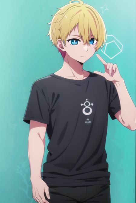 aquamarinehoshino, <lora:aquamarine hoshino s1-lora-nochekaiser:1>,
aquamarine hoshino, blue eyes, blonde hair, hair between eyes, (symbol-shaped pupils:1.5), 1boy, male focus,
BREAK collarbone, short sleeves, pants, black pants, blue shirt, t-shirt, clothes writing,
BREAK indoors,
BREAK looking at viewer, (cowboy shot:1.5),
BREAK <lyco:GoodHands-beta2:1>, (masterpiece:1.2), best quality, high resolution, unity 8k wallpaper, (illustration:0.8), (beautiful detailed eyes:1.6), extremely detailed face, perfect lighting, extremely detailed CG, (perfect hands, perfect anatomy),