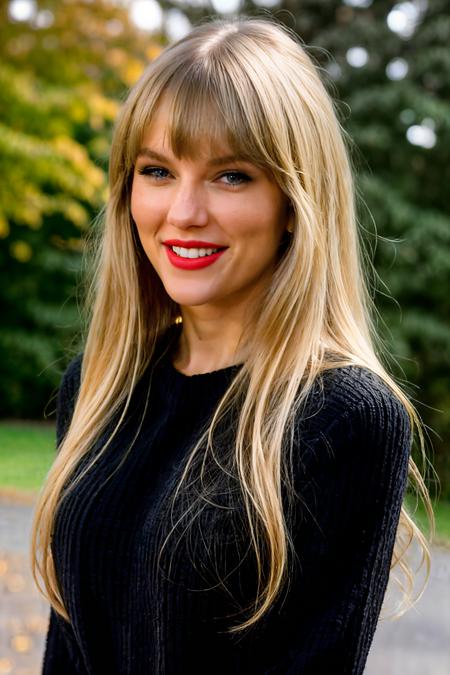 instagram photo, closeup face photo of 30 y.o in black sweater, long blonde hair, fringe, pale skin, (smile:1), hard shadows <lora:Taysway_V5-10:0.7> taysway, cleavage