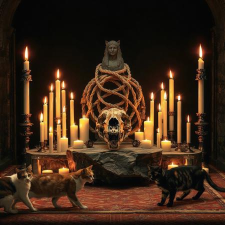 altar for cat worship. many intertwined burning candles on the altar. fossil skull of an ancient mighty cat in the center of the altar. cats walk around the altar