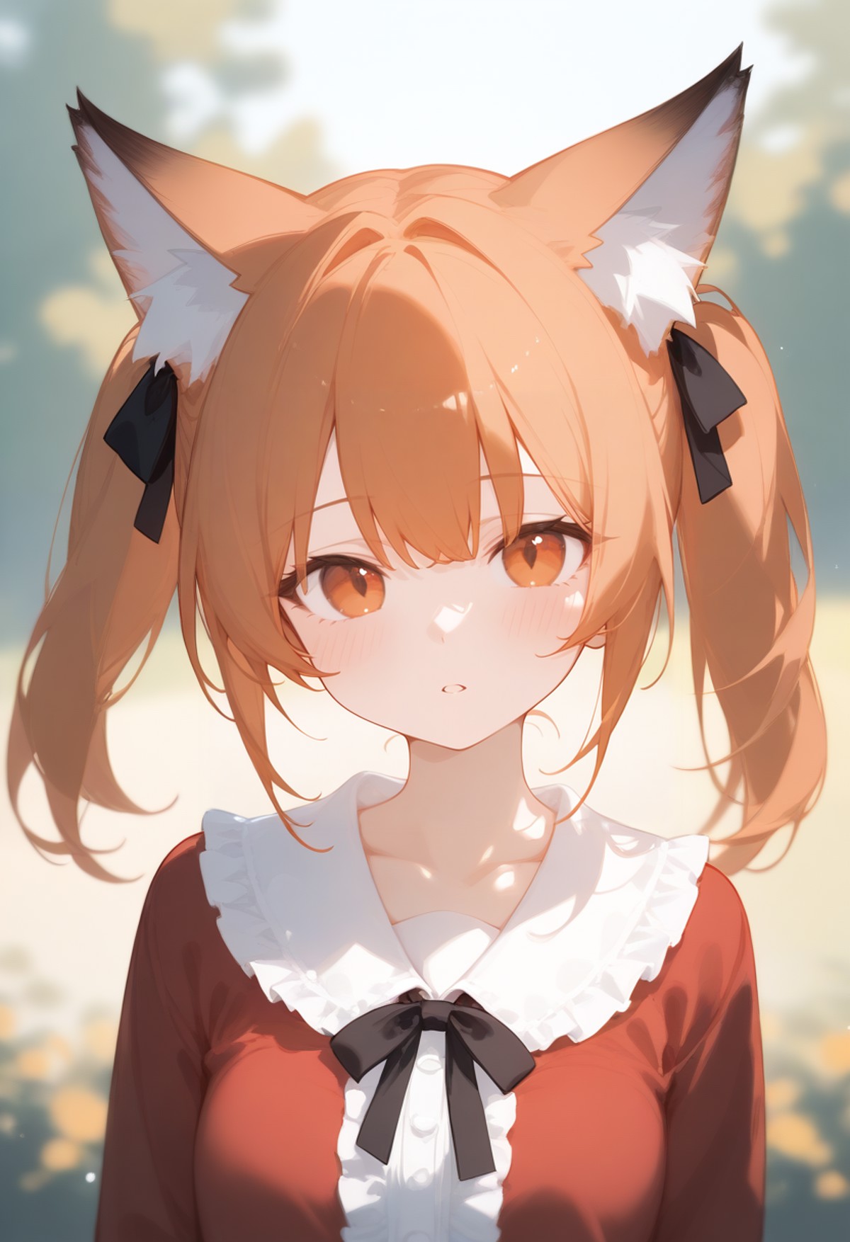 score_9, score_8_up, 1girl, animal ears, solo, twintails, animal ear fluff, looking at viewer, outdoors, upper body, fox e...