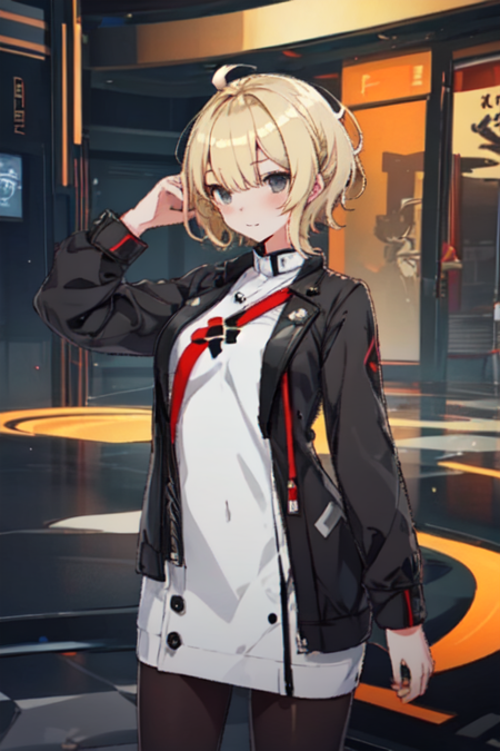 ShiLuHonkai, 1girl, solo, blonde hair, short hair, long sleeves, white dress, black jacket, ahoge, black pantyhose, open jacket, grey eyes, 