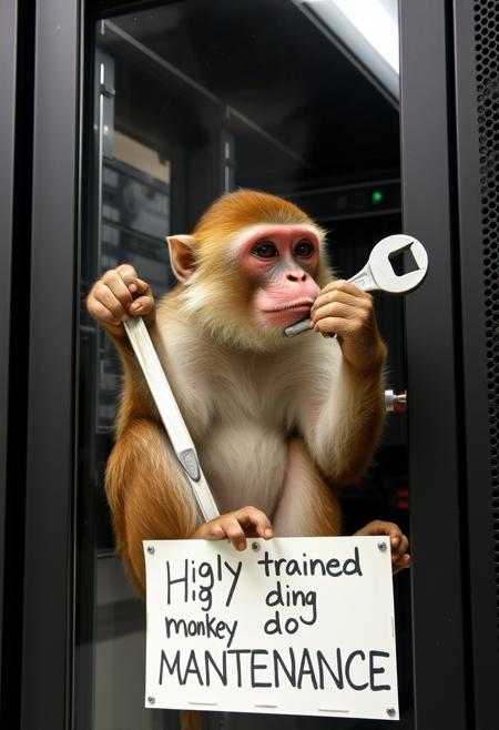 a monkey hitting a server rack with a wrench, the pow is behiad a glass door and a sign on the pommel recite "Higly trained monkey doing MAINTENANCE"