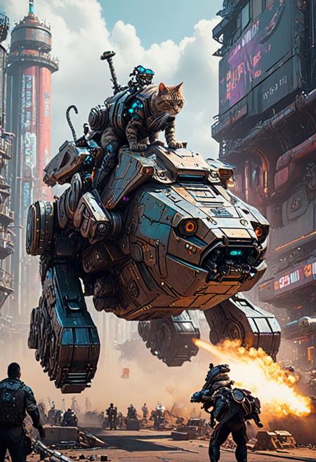 A tiny human riding a giant mechanical cat into battle - the cat has a cyberpunk themed futuristic cannon on top of it