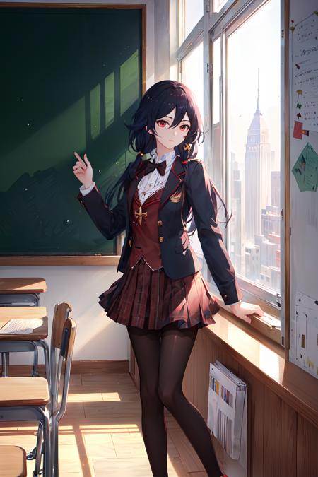 (masterpiece, top quality, best quality, official art, beautiful and aesthetic:1.2),extreme detailed,(fractal art:1.3),(Fu Hua(BV):0.88), 1girl, solo,<lora:Fu Hua_Blood Voivode_v1.0:0.7>,school uniform, classroom, chalkboard, desk, sunlight,chair, brown skirt,sneakers, pantyhose,
Negative prompt: FastNegativeV2,multiple views,picture frame,