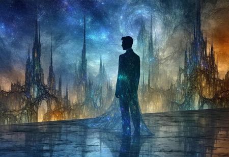 Ephemeral human silhouette, composed of swirling starlight particles and forgotten whispers, gazes not outward, but into a vast, multi-layered cityscape woven from liquid temporal distortions and fractured stained glass. Impossible Escher-esque architecture folds upon itself under localized gravity fields. Style: Surrealism of Remedios Varo meets the intricate biological geometry of Ernst Haeckel, rendered with ethereal, volumetric light shafts. Atmosphere of profound solitude, lucid dreaming logic, quiet cosmic horror. Shimmering chromatic aberrations subtly fringe the scene. Vastly different interpretations encouraged.