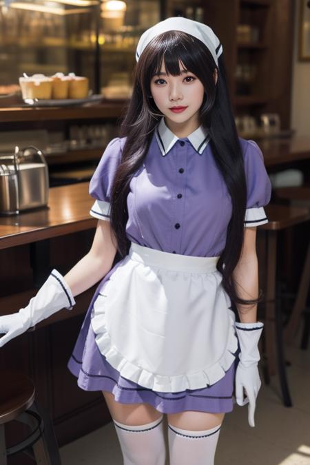 sxkft, waitress, shirt, puffy short sleeves, white waist apron, gloves,thighhighs, head scarf,  pink dress red dress blue dress purple dress yellow dress