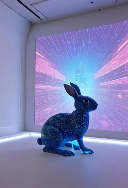 A product photo of a futuristic product of a holographic projection with a blue tint, its a projection a fuffly rabbit in a huge projection, it's in a blank white room. Most of the lighting is from the projection.
