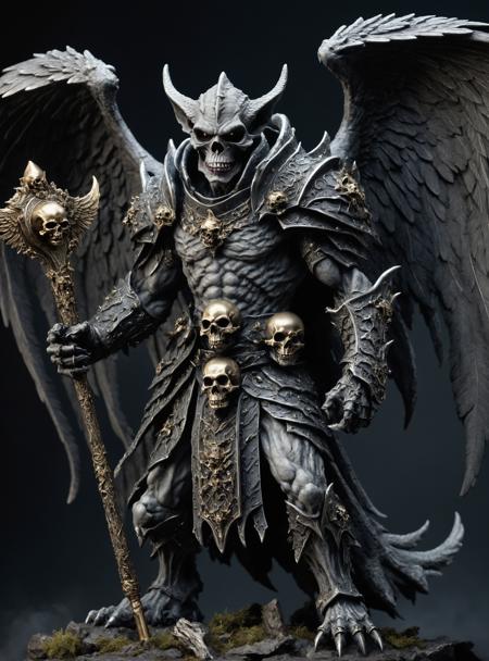 (extremely detailed 8k wallpaper),a full body shot photo of a fearful undead grey gargoyle necromancer holds in left hand a mace with a skulltop and in the right hand he holds a shield,2 Wings, intricate, high detail, dramatic