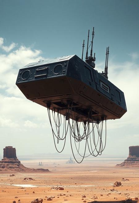 ultra high resolution, masterpiece, best quality, small featureless angular glossy black spacecraft with a heavily textured surface hovering low to the ground, underneath the spacecraft are cables hoses and wires, antennas on top, cables hanging from below, rectangular in shape, futuristic world, post apocalyptic landscape, anti gravity, in the atmosphere, sky, clouds, ground visible, hovering,  dry desert, rocky outcroppings