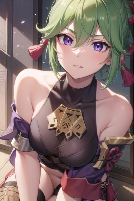 shinobu kuki, green hair, hair between eyes, ponytail, short hair, (purple eyes:1.1), armor, bare shoulders, black gloves, cropped jacket, fishnet top, fishnets, gloves, gold trim, hair ornament, jacket, leg armor, midriff, off shoulder, partially fingerless gloves, purple jacket, shirt, short shorts, shorts, shoulder armor, sleeveless, sleeveless shirt,