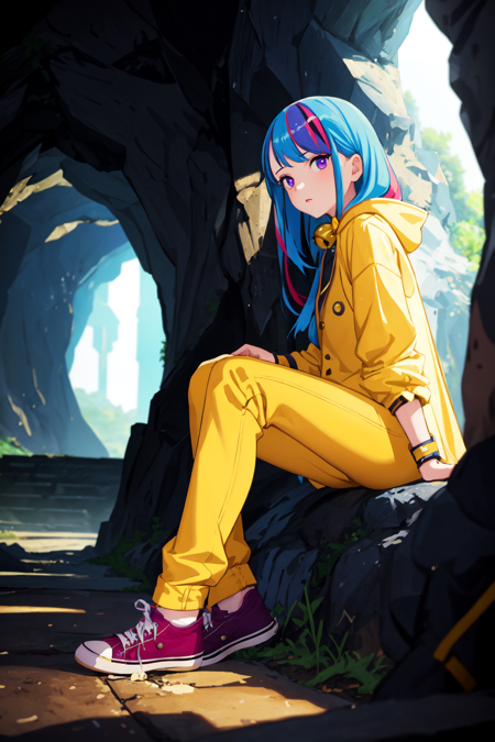 (masterpiece, best quality:1.4), cinematic light, colorful, high contrast, 1girl, yellow raincoat, bell-bottoms , converse, tube socks, cave, day, sitting, light blue hair , purple eyes, streaked hair, parted bangs, long hair, low-tied long hair