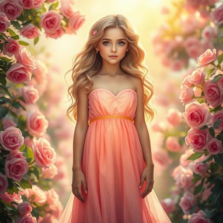 A radiant and enchanting girl embodying the loving, artistic, and sensual energy of Venus, standing in a dreamy paradise filled with blooming flowers and golden light. Her presence is captivating, with soft, wavy hair and mesmerizing eyes full of passion and warmth. She wears an elegant, flowing dress in shades of pink and gold, representing beauty and love. The background is filled with roses, lush greenery, and a soft golden glow, creating an atmosphere of pure romance and harmony. She symbolizes love, attraction, and divine femininity, glowing with Venusian charm."