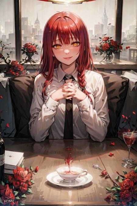 1girl, alcohol, apple, bangs, black necktie, blood, blue rose, bottle, bouquet, camellia, cup, drinking glass, flower, formal, ib \(ib\), interlocked fingers, long hair, looking at viewer, makima \(chainsaw man\), necktie, own hands together, pink flower, pink rose, purple rose, red flower, red hair, red rose, ringed eyes, roman numeral, rose, rose petals, shirt tucked in, smile, solo, spider lily, suit, teacup, thorns, vase, white rose, wine glass, yellow eyes, yellow rose