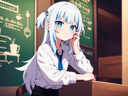 (flat_color, pastel_style,anime,black_outlines:1.2),1girl, gawr gura, detailed eyes, coffee shop, portrait, buttons, white shirt, collared shirt, black pants, volumetric lighting, colorful, cute