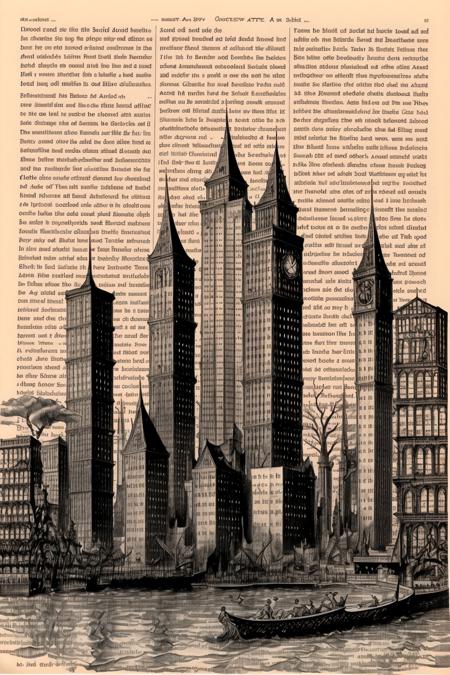 ((a drawing of a cityscape is shown on a page of a book)),  storybook illustration, a storybook illustration, massurrealism ,  dictionary_art