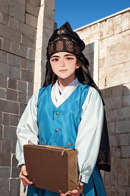 1male, hanbok, bandana, korean clothes, upper body, outdoors, from front,  <lora:hanbok_ymaster_v6:1>