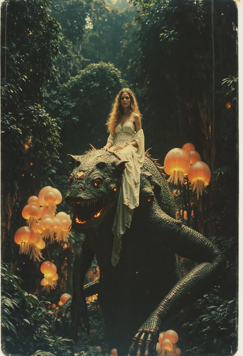  analogstyle,　A richly-colored, yet slightly blurred photograph, taken with a vintage Polaroid camera, depicts a woman with flowing golden hair and a peaceful expression riding a colossal, multi-limbed creature.  Its flesh is a vibrant tapestry of scales, fur, and feathers, its mismatched eyes glowing with an eerie inner light.  She wears a simple white tunic, adorned with intricate symbols that seem to pulse with an unseen energy.  The creature navigates a lush, overgrown jungle, its strange beauty mirroring the vibrant chaos of the landscape.  Giant, bioluminescent fungi illuminate the scene, casting an otherworldly glow upon the woman and her mount, highlighting the strange harmony between them.