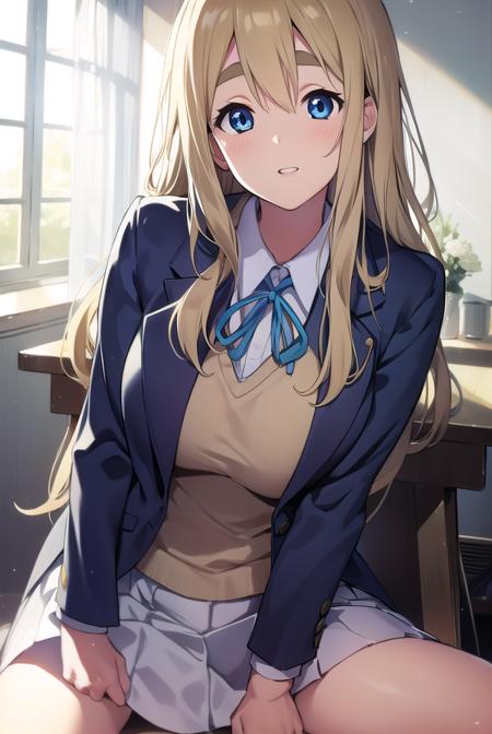 tsumugikotobuki, <lora:tsumugikotobukitest:1>,
tsumugi kotobuki, blonde hair, blue eyes, long hair, thick eyebrows, eyebrows,
BREAK sakuragaoka high school uniform, school uniform,
BREAK looking at viewer,
BREAK indoors, classroom,
BREAK <lora:GoodHands-vanilla:1>, (masterpiece:1.2), best quality, high resolution, unity 8k wallpaper, (illustration:0.8), (beautiful detailed eyes:1.6), extremely detailed face, perfect lighting, extremely detailed CG, (perfect hands, perfect anatomy),