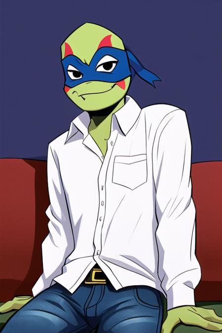 Leo_RTMNT, 1boy, turtle boy, turtle shell, dot pupils, green skin, blue headband
