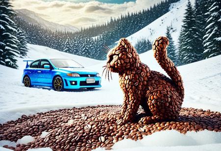 cuteup, cute, cutieup, neko made of coffee beans, coffee beans, cat made of coffee beans, snow, ice, Surreal with macabre undertones, earthy surreal edge,  feline made out of countless coffee beans, snow, ice, hyper detail, masterpiece, score_10, randshadscree, anime drawing style, anime movie, driving at high speed,countless galaxy,yellow,  sports car made out of fr0stwrld, snow, ice, bright blue and yellow energized sport car, score_9, score_8_up, score_7_up, score_6_up, shiny, driving, shiny, cloudy forest, Made of fluffy clouds, clutter, trash, fr0stwrld, snow, ice, coffee beans, coffee, cafe,