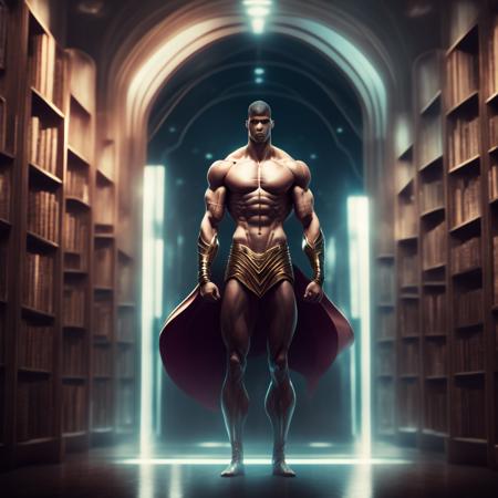 photo Strong Champion man Standing Guard in the Infinite Library of All Knowledge (GateKeeper style:1) <lora:djzGateKeeper:0.8)