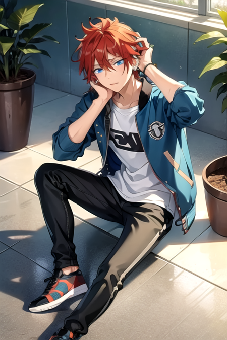 <lora:RinneAmagi-05:0.7> ,rinne, solo, blue eyes, shirt, 1boy, jewelry, sitting, jacket, male focus, red hair, shoes, pants, plant, sneakers, potted plant, hand on own head