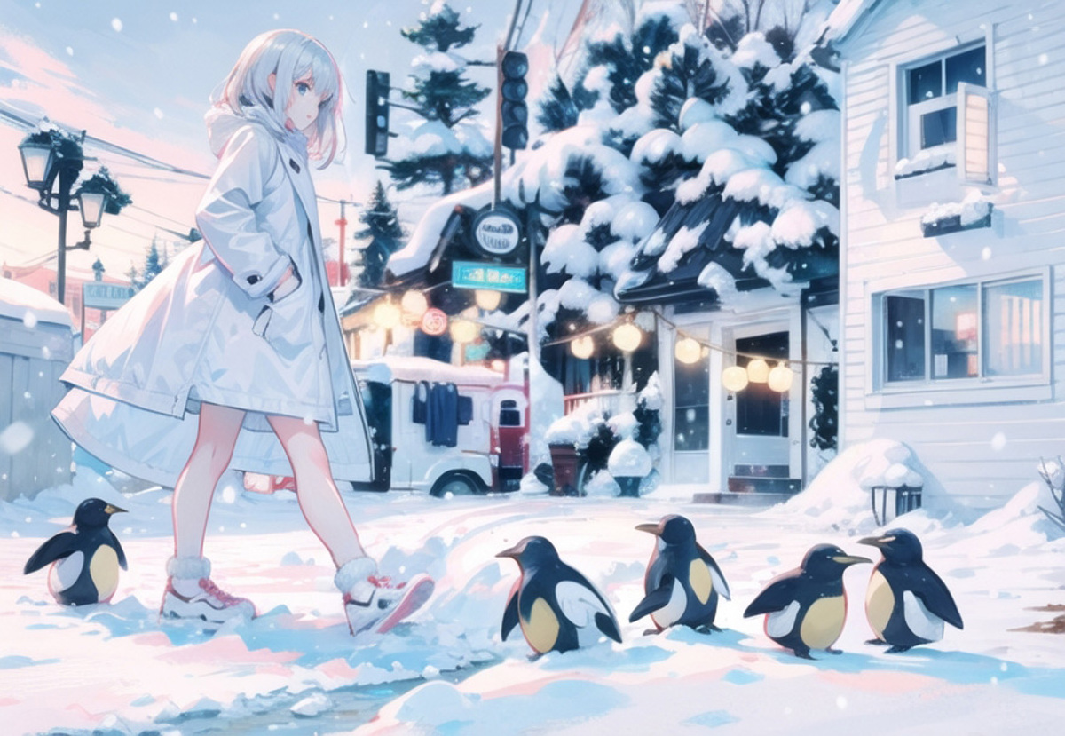 A girl walking down a snowy street while penguins follow her.