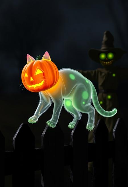 Transparent ghost cat walking on top of fence, with pumpkin instead of head, green light on the tail, scarecrow with glowing eyes in the background, gloomy atmosphere, night,