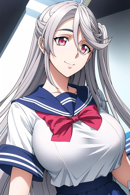 Simple White Background,
 blue sailor collar, blue school uniform, serafuku, shirt, short sleeves, white shirt,blue collar,
<lora:Seria_Urutsuki_buildmetaverse-KK77-V1:0.7>,(red_bowtie:1.1),
white hair,very long hair, red eyes,bangs,
<lora:Oda_Non_Style-KK77-V2:0.3>,<lora:more_details:0.1>,
1 girl, 20yo,Young female,Beautiful Finger,Beautiful long legs,Beautiful body,Beautiful Nose,Beautiful character design, perfect eyes, perfect face,expressive eyes,perfect balance,
looking at viewer,(Focus on her face),closed mouth, (innocent_big_eyes:1.0),(Light_Smile:0.3),
official art,extremely detailed CG unity 8k wallpaper, perfect lighting,Colorful, Bright_Front_face_Lighting,White skin,
(masterpiece:1.0),(best_quality:1.0), ultra high res,4K,ultra-detailed,
photography, 8K, HDR, highres, absurdres:1.2, Kodak portra 400, film grain, blurry background, bokeh:1.2, lens flare, (vibrant_color:1.2),professional photograph,
(Beautiful,large_Breasts:1.4), (beautiful_face:1.5),(narrow_waist),