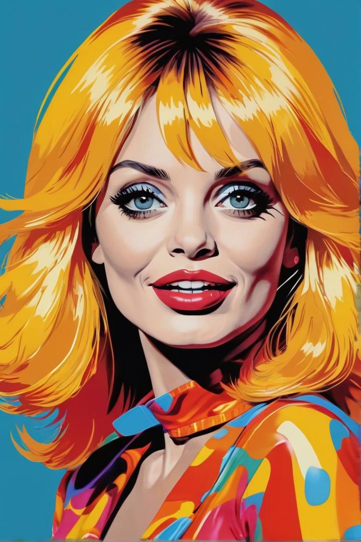 Goldie Hawn in a pop art style, with bold colors and graphic elements. absurd caricature, (sexy),