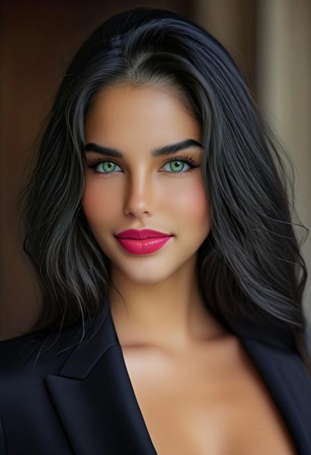 photorealistic, epic realism, (masterpiece), (Realistic photo), (High quality), (RAW photo 8k), (upper body), (Photography by Steve McCurry), incredibly absurdres, young, supermodel, 1girl, solo, ((upper body, portrait, looking at the viewer)), (outline defined full lips:1.4), (green/hazel eyes), perfect symmetrical eyes, long eyelashes, wearing a black modern designer (suit:1.4), (highly detailed, intricate), ((black hair:1.4), modern hairstyle, hair intakes, detailed long hair, (healthy hair, silky hair, voluminous hair)), ((natural, eyeliner, pink lipstick, seductive smiling expression, closed mouth, closed lips, highly detailed face)), (exceptional Detail Clarity, dynamic angle, DSLR, hyper-detailed), (fine details, sharp focus, depth of field).
