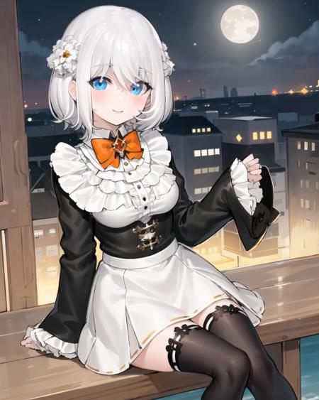 1girl,blue eyes,white hair, short hair, sleeves past wrists, long sleeves, orange bow, hair flower,grey skirt, dress,  hair ornament, black thighhighs, wide sleeves, bowtie, single thighhigh,  thighhigh,moon,night,outdoors,sitting,