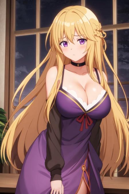 redi, anime art style, 1girl, long_hair, breasts, blonde_hair, brown_hair, 1boy, cleavage, medium_breasts, purple_eyes, collarbone, sky, window, night, frown, star_(sky)