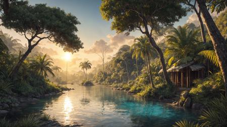 a vivid setting of a vibrant jungle trees rivers and a glowing sun in the distance