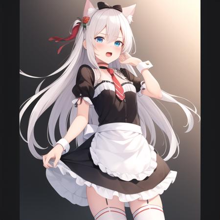 (masterpiece, best quality:1.2),illustration,8k,hd,1girl,solo,long_hair,animal_ears,cat_ears,blue_eyes,bow,bangs,hair_bow,white_hair,very_long_hair,ribbon,wrist_cuffs,breasts,apron,open_mouth,hair_ribbon,small_breasts,hair_ornament,hair_between_eyes,black_dress,dress,frills,necktie,puffy_short_sleeves,puffy_sleeves,short_sleeves,waist_apron,print_necktie,red_bow,white_apron,frilled_apron,thighhighs,white_thighhighs,choker,<lora:Hammann>,