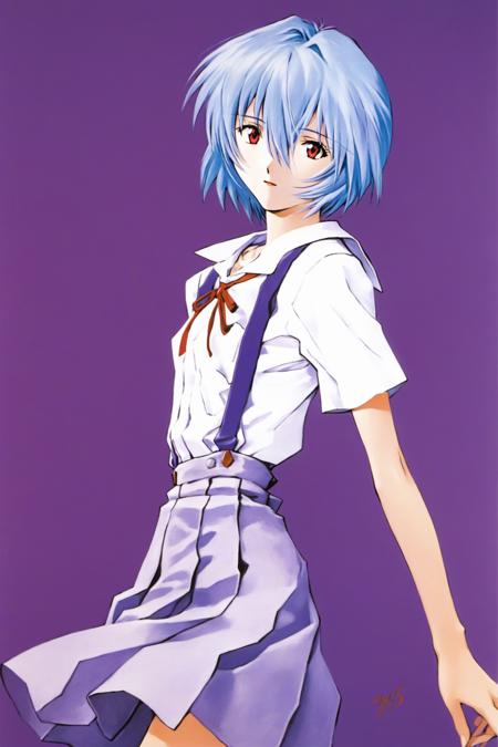 1girl, ayanami rei, solo, red eyes, short hair, school uniform, blue hair, tokyo-3 middle school uniform, signature, short sleeves, hair between eyes, suspender skirt, purple background, bangs, purple theme, shirt, cowboy shot, looking to the side, skirt, white shirt, looking at viewer, parted lips, suspenders, <lora:Sadamoto Yoshiyuki_XL:0.8>