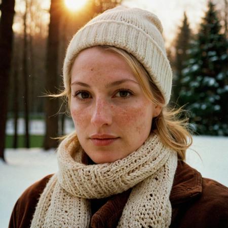 A stunning photo of a 39 year old pretty Dutch woman, ((bomber jacket)), ((beany)), ((scarf)), absolute beauty, round face, pale skin, blonde hair, ponytail, brown eyes, beautiful eyes, freckles, freckles and moles all over body, big natural breasts, soft breasts, very large areola's, big nipples, soft natural light, highly realistic skin, highly realistic face, highly realistic eyes, walking through a park in Switzerland, snow, winter, watching the sunset, you can tell from the expression on her face that she is highly sexually aroused, low light, soft natural light, Rembrandt style light, made with a Hasselblad camera, 35mm, film grain, masterpiece, sharp focus, (ultra high resolution: 1.2), (photorealistic: 1.3) (skin pores: 1.1), Kodak Gold 200 analog film stock style
